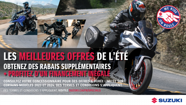 Super vente sur le motocylcette Suzuki en inventaire ! Jusqu’à 5 ans de garantie + 1er service gratuit !